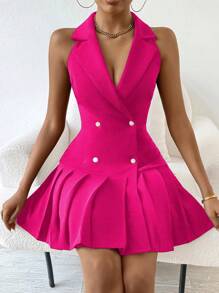 RosyDaze Women Summer Solid Color V-Neck Sleeveless Double-Breasted Elegant Dress With Pleated Hem