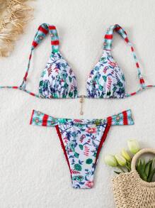 SHEIN Swim 夏季海灘女士隨機印花比基尼套裝 - 彩色 - 查看 3