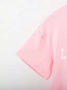 SHEIN Young Girl Mexican Children Day Casual Loose Shoulder Letter Print T-Shirt And Patched Detail Shorts For Summer, School, Campus, College - Pink - View 4