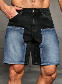 Manfinity LEGND 男士街頭風格拼布牛仔短褲，夏季休閒日常穿著 - 黑色 - 查看 1