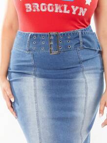 Forever 21 Plus Size Women Vintage Campus Fish Tail Long Denim Skirt For Summer - Blue - View 5