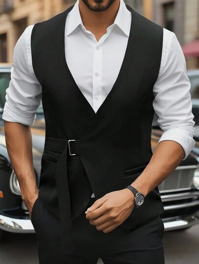 Manfinity Mode 男士純色腰扣連接V領商務旅行西裝背心