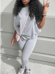 INAWLY Solva Ladies Summer Casual Loose Solid Color T-Shirt And Leggings 2pcs/Set - Grey - View 4
