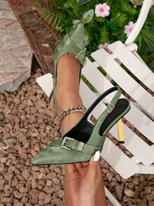 新款春夏復古高跟封閉式露趾踝帶涼鞋 - 綠色 - 查看 1