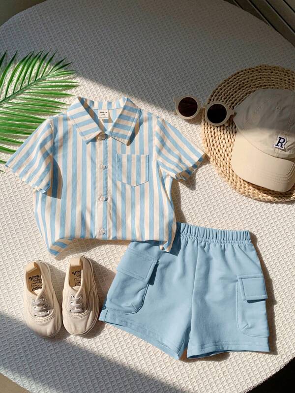 SHEIN Baby Boy Colorful Striped Lapel Short-Sleeved Open-Collar Top Solid Color Shorts Two-Piece Set