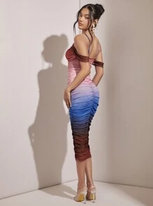 SHEIN BAE Women's Summer Fashionable Gradient Ruched Bodycon Open Shoulder Cami Dress - Blue - View 4