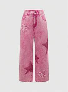 ROMWE Grunge Punk Y2k Harajuku Style Star Patchwork Print Loose Fit Pink Flared Jeans For Women - Pink - View 1