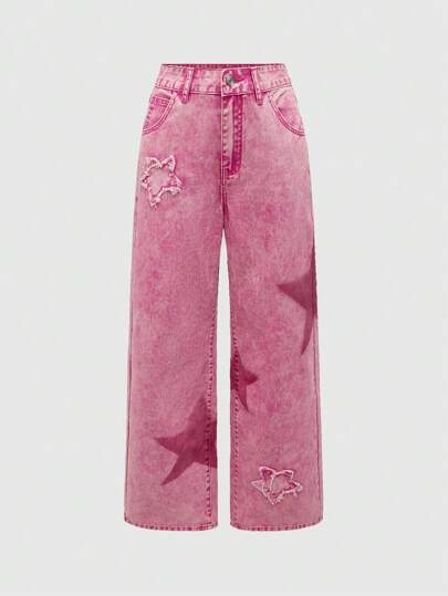 Grunge Punk Y2k Harajuku Style Star Patchwork Print Loose Fit Pink Flared Jeans For Women
