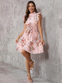SHEIN Clasi Women Elegant Floral Print Ruffle Hem Pleated Dress For Summer,Pastel Dresses For Women