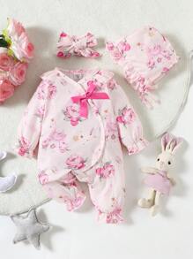 SHEIN 女婴花朵印花荷叶边装饰休闲家居服带蝴蝶结度假旅行休闲夏装 - 淺粉色 - 查看 1