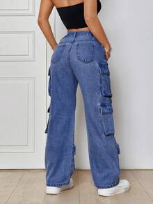 SHEIN PETITE Casualowe spodnie robocze z wieloma kieszeniami, prostymi, spranymi nogawkami - Ciemny jeans - Zobacz 2