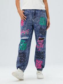 Teen Girl Cool Street Graffiti Slogan, Distressed Ripped Jeans With Frayed Hem, Faded And Snow Washed - Medium Wash - View 1