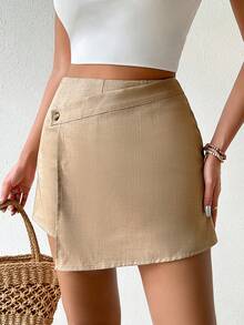SHEIN Privé Women Simple Solid Color Running Skirt With Shorts - Khaki - View 4