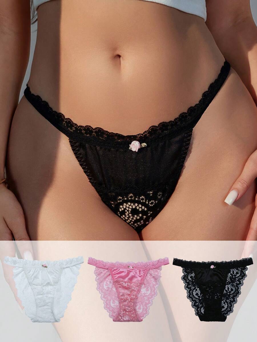 SHEIN Women Solid Color Lace Decorated Triangle Panties