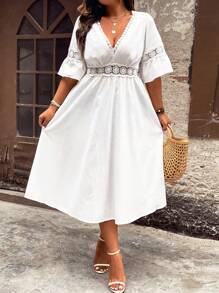 Breezaya Plus Size Women's Lace Splice Flare Sleeve Dress - White - View 1