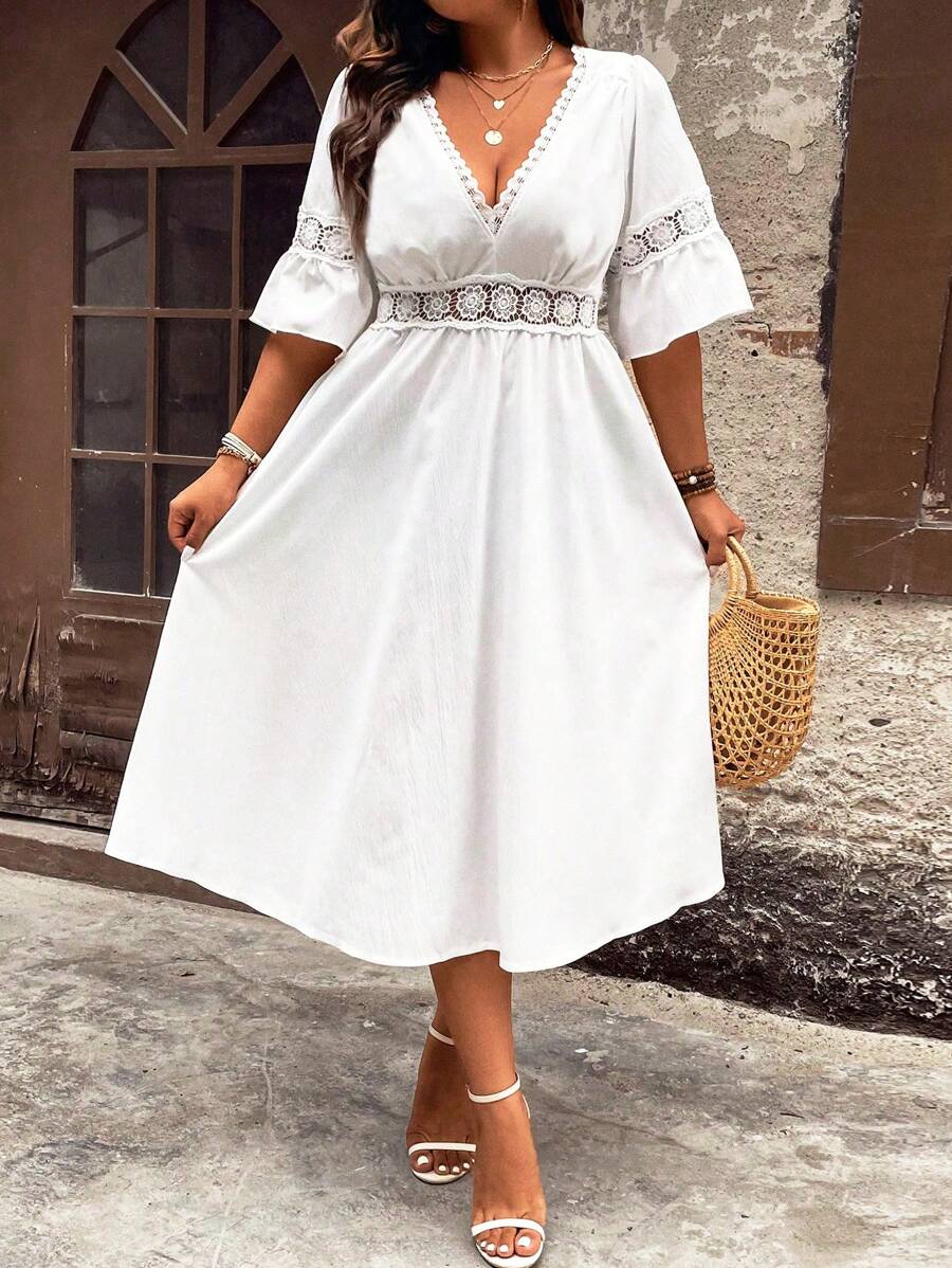 Breezaya Plus Size Women's Lace Splice Flare Sleeve Dress - White - View 1