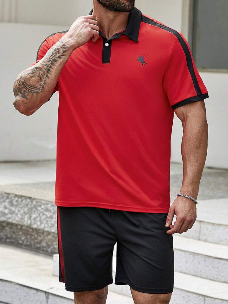 Men Plus Size Casual Color-Block Short Sleeve Polo Shirt And Shorts Set For Summer