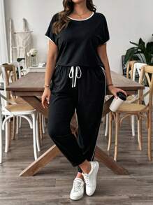 SHEIN LUNE 大码女式简约纯色圆领短袖上衣和短裤套装，适合夏季日常穿着