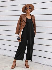 Women Elegant Loose Pocket Design Jumpsuit - Black - View 3