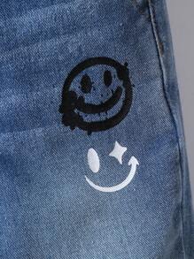 SHEIN Young Boy Street Fashionable Face Emoji Alphabet Doodle Printing Elastic Elastic Waist Binding Leg Baggy Jeans For Summer Vacation And Dailywear - Blue - View 6