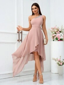 SHEIN Belle Váy phù dâu lãng mạn bất đối xứng chắp vá sequin cho phụ nữ váy dạ hội trang trọng - Bụi hồng - Xem 4