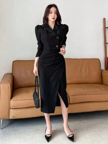 DAZY 2pcs Puff Sleeve Short Blazer And Bodycon Split Skirt Set Business Attire - Black - View 2