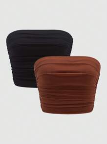 SHEIN Unity 女士夏季2件套，純色褶皺雪紡束胸上衣，簡約百搭 - 彩色 - 查看 1