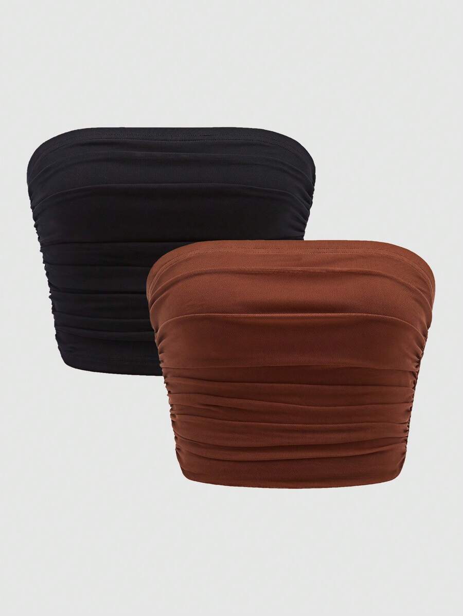 SHEIN Unity 女士夏季2件套，純色褶皺雪紡束胸上衣，簡約百搭 - 彩色 - 查看 1