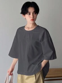FRIFUL Women Summer Solid Color Round Neck Batwing Sleeve Splice Mesh T-Shirt