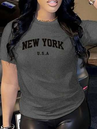 SHEIN Women Casual Round Neck Short Sleeve T-Shirt With Letter Print For Summer Graphic Tees Women Tops