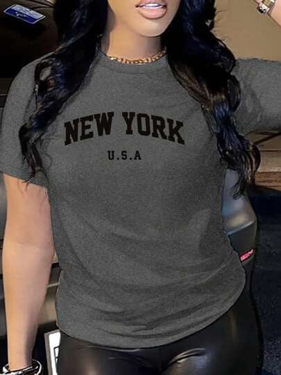 SHEIN 女士休闲圆领短袖 T 恤，带字母印花，夏季图案 T 恤，女式上衣