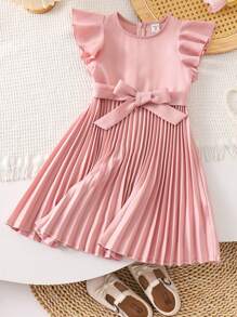 SHEIN LMoss Kids Vestito casual per ragazze in tinta unita con collo rotondo, maniche e orlo con volant