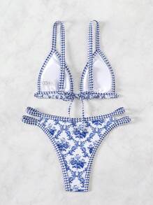 SHEIN Swim Women Summer Beach Fashionable Floral Printed Bikini Set, Random Print - Blue - View 2