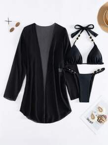 SHEIN Swim 女士时尚比基尼套装，简约纯色，三件套，夏季海滩 - 黑色 - 查看 4