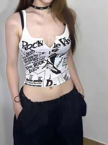 INAWLY 女士夏季标语印花缺口 V 领休闲吊带背心 RS 最适合加入朋克摇滚迪斯科