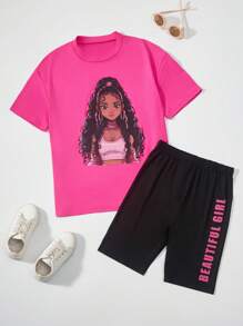 Set aus Lässig-Kurzarm T-Shirt mit bedruckten Cartoon-Charakteren und Radlerhose für Teenager Mädchen im Sommer (2 Stücke)