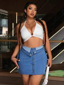 SHEIN ICON Plus Size Women Fashionable Slim Fit Denim Skirt With Frayed Design - Medium Wash - View 6