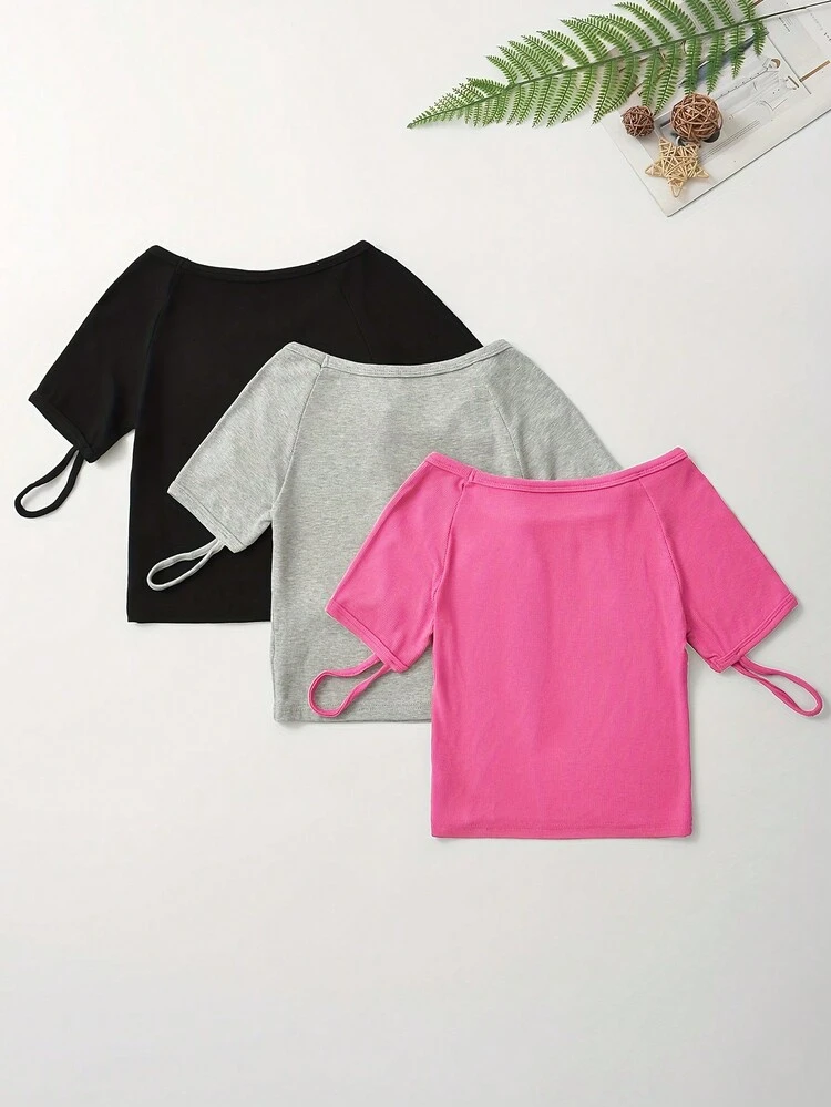 Women Summer 3-Piece Plain Round Neck Raglan Sleeve Short Sleeve Casual T-Shirt