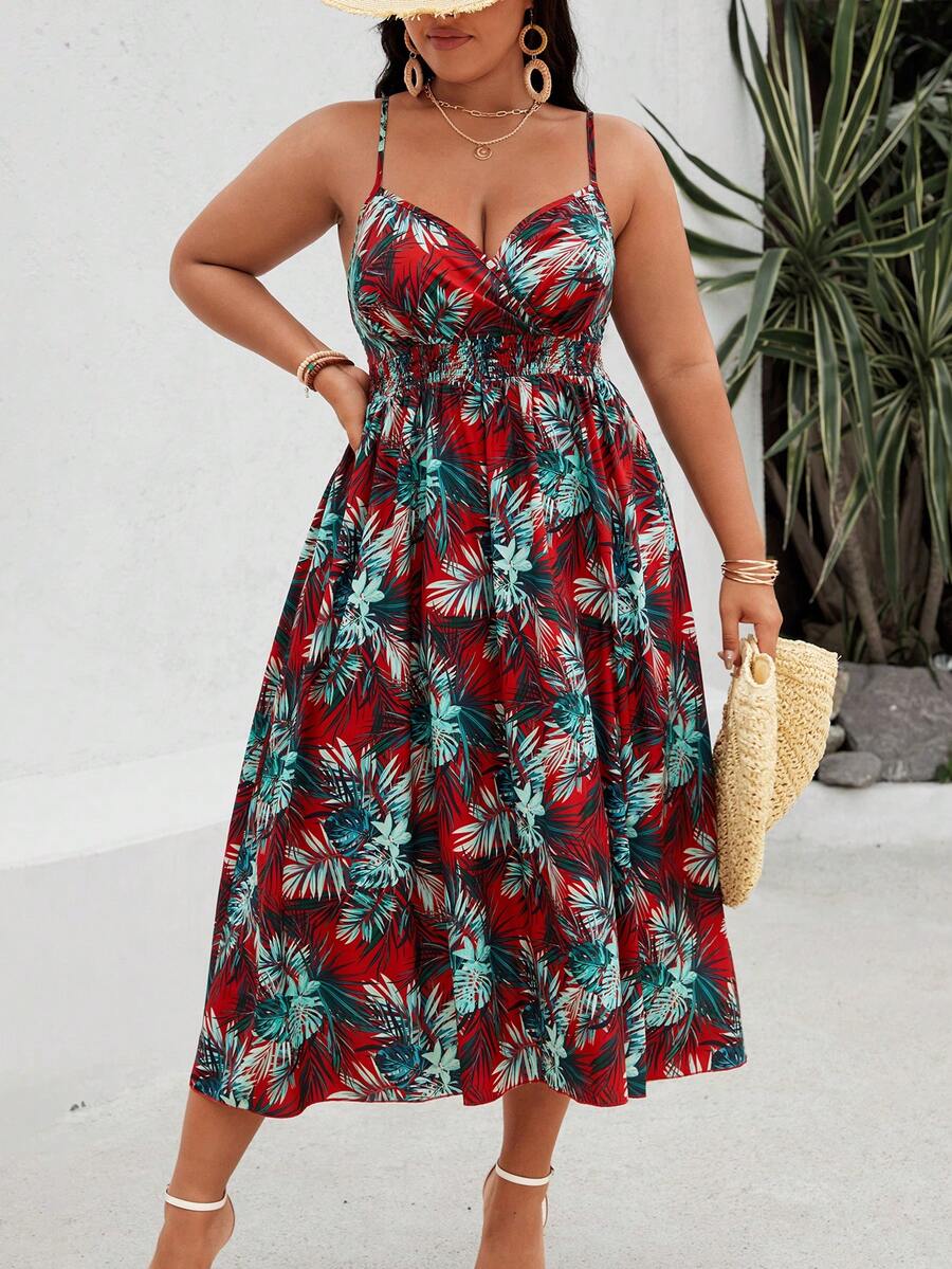 SHEIN Holidaya 大尺碼女性十字交叉V領細肩帶束腰葉子印花連衣裙 - 彩色 - 查看 1