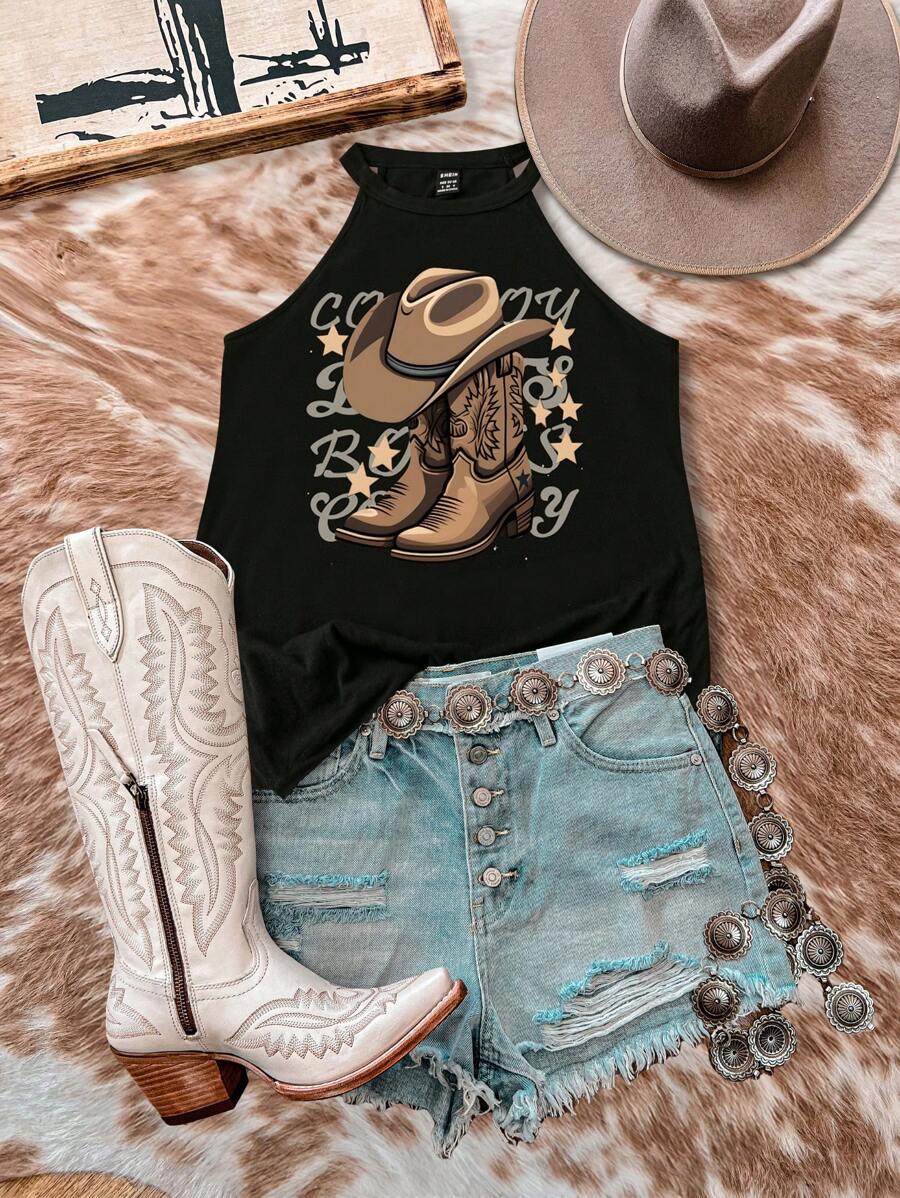 SHEIN EZwear Canotta aderente da donna dal design occidentale casual con collo a canottiera, adatta per l'estate - nero - Visualizzare 1