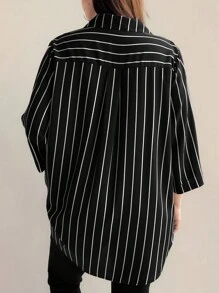 Juhart Plus Size Striped Printed Turn-Down Collar Business Style Shirt - Black and White - View 2