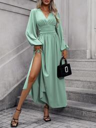 SHEIN Clasi Sukienka damska na wiosnę/lato w jednolitym kolorze z dekoltem w serek i rękawami typu latarnia, z marszczeniami po bokach i rozcięciem u dołu