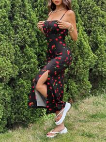 SHEIN EZwear Cherry Print Split Thigh Cami Maxi Summer Dress