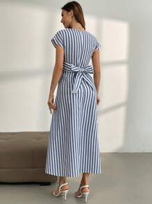 Firerie Women Plain Cross-Front Blue And White Striped A-Line Dress - Blue and White - View 2