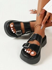 Women Platform Slip-On Sandals Open Toe Thick Sole Wedge Heeled Casual Slippers, Summer - Black - View 1