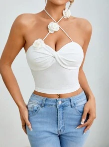 SHEIN PETITE Women Summer Plain Colored Cross Halter Neck Tank Top With Twisted Front Detail And Floral Embellishment
