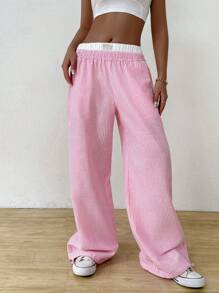 SHEIN EZwear 女性休閑彩色條紋寬腿褲，帶彈性腰帶 - 粉色 - 查看 3