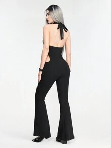 ROMWE Gothic Style Waist-Revealing Rivet Decorated Jumpsuit With Cross Pendant Necklace For Women - Black - View 5