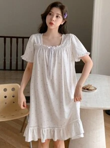DAZY 女士时尚睡裙，带蝴蝶结、波尔卡圆点印花、蕾丝边和荷叶边装饰 - 白色 - 查看 6
