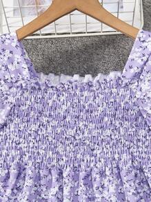 Tween Girls' Puff Sleeve Floral Print Square Neck Pleated Dress,Holiday,Summer,Travel - Purple - View 9